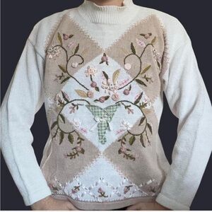 Floral Embroidered Sweater - Cream and Tan